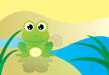 Téléchargez les illustrations : Grenouille verte près du lac, illustration de dessin animé mignon - en licence libre de droit