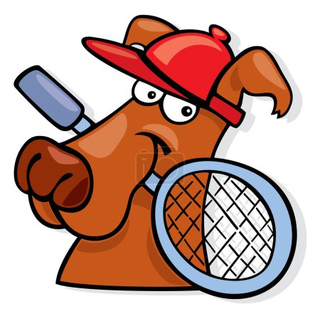 Téléchargez les illustrations : Drôle de chien dessin animé avec raquette de tennis - en licence libre de droit