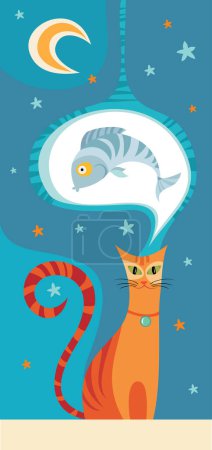 Illustration for Cat  thinking of fish and moon cartoon card - Royalty Free Image