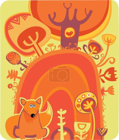 Téléchargez les illustrations : Fond de forêt de dessin animé avec renard. illustration pour enfants - en licence libre de droit