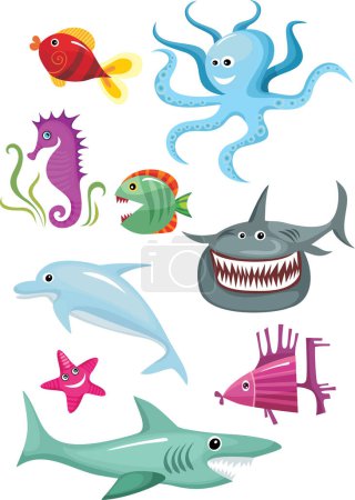 Téléchargez les illustrations : Dessin animé animaux de mer icônes ensemble - en licence libre de droit