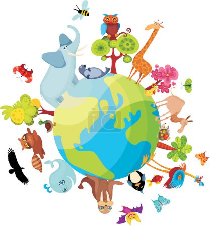 Illustration for Vector illustration, earth globe with birds and animals - Royalty Free Image