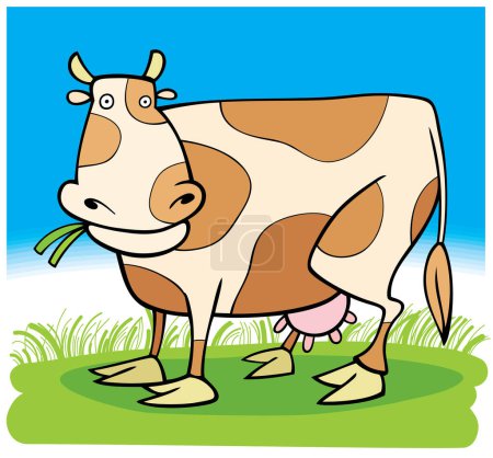 Téléchargez les illustrations : Dessin animé drôle vache sur fond illustration pour les enfants - en licence libre de droit