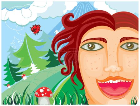 Téléchargez les illustrations : Femme dessin animé aux cheveux roux et un grand oeil dans la forêt - en licence libre de droit