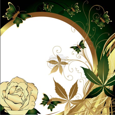 Illustration for Vintage card with golden flowers and butterflies with space for your text. - Royalty Free Image