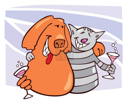 Téléchargez les illustrations : Illustration de dessin animé de chien et chat buvant ensemble - en licence libre de droit