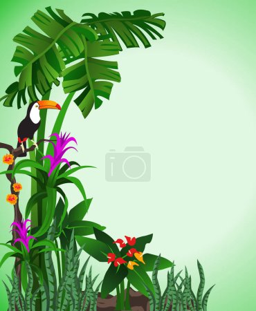 Illustration for Jungle background with tropical birds and plants, vector illustration - Royalty Free Image