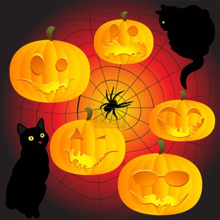 Ilustración de Calabazas y gatos de Halloween. ilustración vectorial. - Imagen libre de derechos