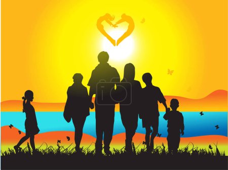 Illustration for Happy family in the sunset, vector - Royalty Free Image