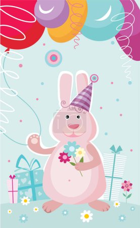 Téléchargez les illustrations : Mignon lapin et ballons, carte d'anniversaire - en licence libre de droit