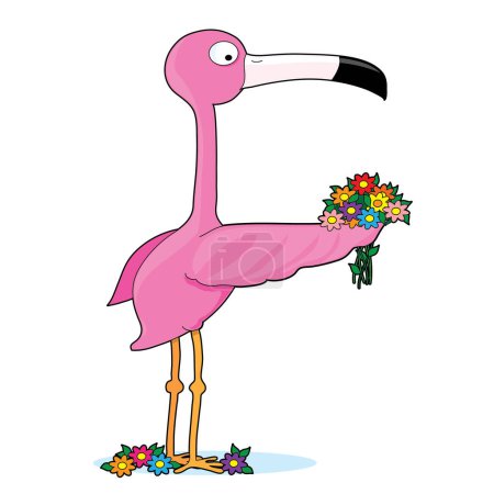 Téléchargez les illustrations : Flamant rose avec illustration vectorielle de fleurs - en licence libre de droit