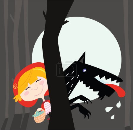 Ilustración de Caperucita Roja y Lobo Negro. Caperucita roja con lobo hambriento en el bosque oscuro. Ilustración vectorial. - Imagen libre de derechos