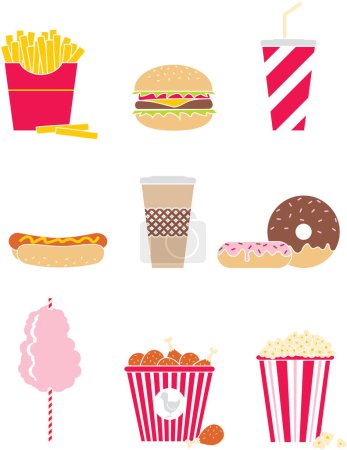 Téléchargez les illustrations : Ensemble de différents aliments et boissons icônes - en licence libre de droit