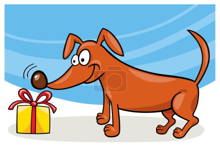 Téléchargez les illustrations : Illustration de chien dessin animé mignon avec présent - en licence libre de droit