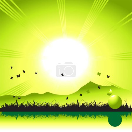 Illustration for Vector illustration of a beautiful landscape with a green field - Royalty Free Image