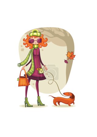 Ilustración de Chica con perro en el parque, temporada de otoño, vector de ilustración - Imagen libre de derechos