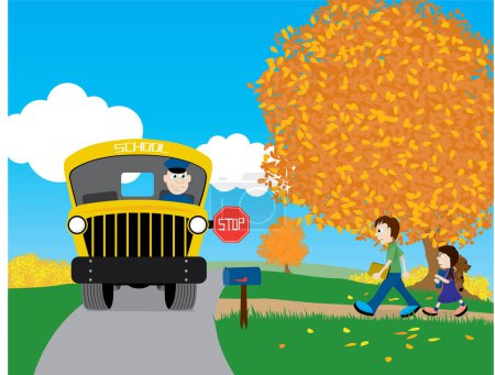 Téléchargez les illustrations : Illustration d'un frère et d'une sœur marchant jusqu'au bus scolaire. - en licence libre de droit