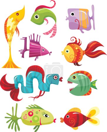 Téléchargez les illustrations : Jeu d'illustration vectorielle de dessin animé poisson - en licence libre de droit