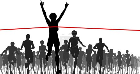Illustration for Vector illustration of a crowd of people running  to finish line - Royalty Free Image