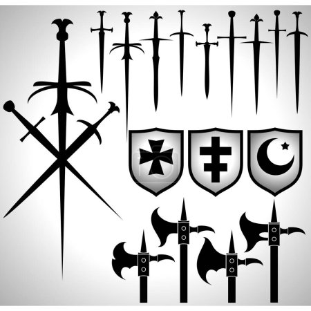 Ilustración de Conjunto de escudos con espadas, coronas y estrellas. ilustración vectorial - Imagen libre de derechos