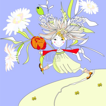 Ilustración de Linda niña de dibujos animados con flor - Imagen libre de derechos