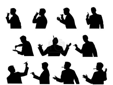 Téléchargez les illustrations : Ensemble vectoriel de silhouettes de différentes poses d'hommes fumant - en licence libre de droit