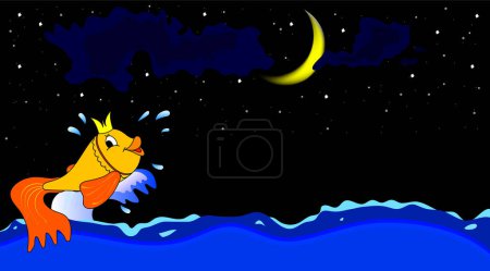 Téléchargez les illustrations : Dessin animé mignon sirène et étoiles dans la nuit - en licence libre de droit