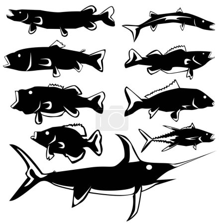 Téléchargez les illustrations : Silhouettes de poissons noirs isolés sur fond blanc. - en licence libre de droit