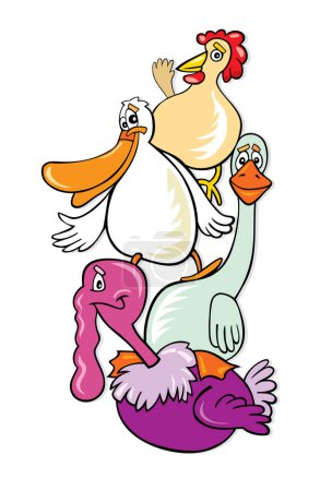 Téléchargez les illustrations : Illustration de dessin animé de mignons oiseaux de ferme drôles - en licence libre de droit