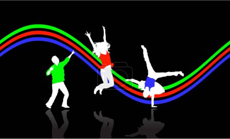 Téléchargez les illustrations : Silhouette vectorielle d'une femme sautant sur un fond vert. - en licence libre de droit
