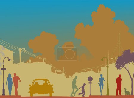 Illustration for Editable vector silhouette of a busy street - Royalty Free Image