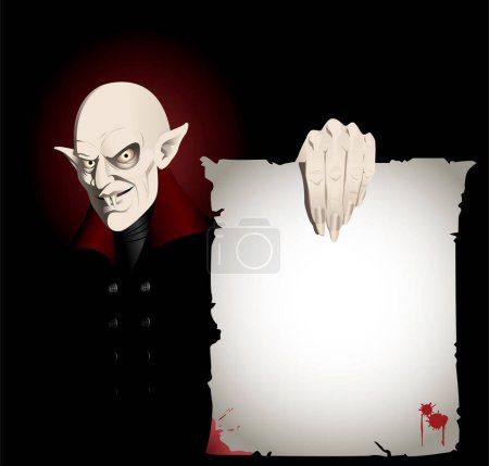 Téléchargez les illustrations : Vampire effrayant vous montre une feuille de papier effrayant. Idéal pour les invitations ou les articles éditoriaux. - en licence libre de droit