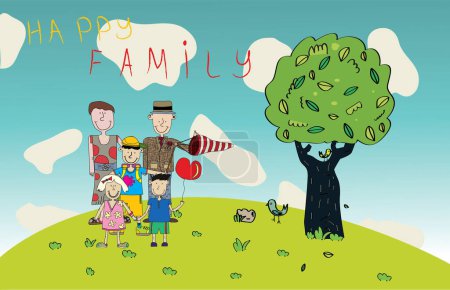 Téléchargez les illustrations : Illustration vectorielle de Happy Family, arbre et oiseaux - en licence libre de droit