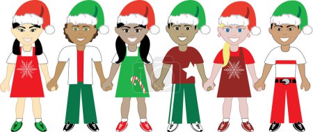 Illustration for People holding hands and wearing christmas hats. - Royalty Free Image