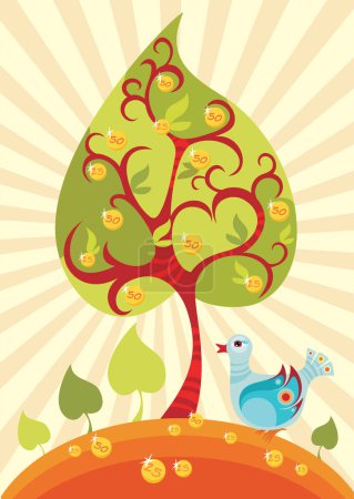 Illustration for Bird and tree with leaves and coins - Royalty Free Image