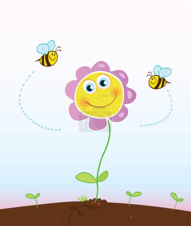 Illustration for Cute bee flying in flower garden - Royalty Free Image
