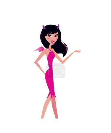 Téléchargez les illustrations : Illustration vectorielle de dessin animé d'une jolie fille d'Halloween en costume diable rose - en licence libre de droit