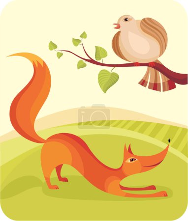 Téléchargez les illustrations : Illustration vectorielle de mignon renard dessin animé et oiseau dans la forêt - en licence libre de droit