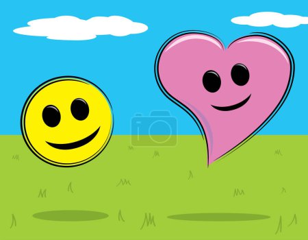 Téléchargez les illustrations : Heureux couple souriant avec coeur et ballon - en licence libre de droit