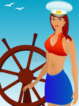 Illustration for The young erotic girl the seaman the captain and a steering wheel in a vector - Royalty Free Image