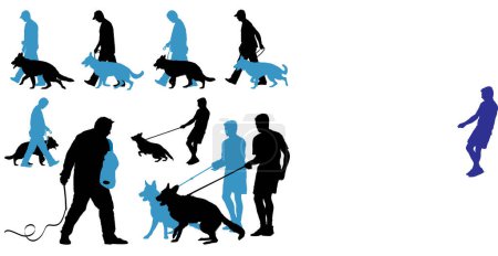 Téléchargez les illustrations : Ensemble d'icônes avec silhouette humaine marchant avec chien - en licence libre de droit