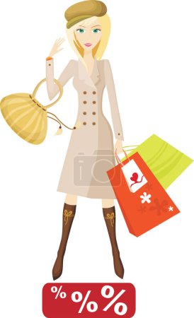 Téléchargez les illustrations : Jeune femme avec sacs à provisions et une étiquette de prix - en licence libre de droit