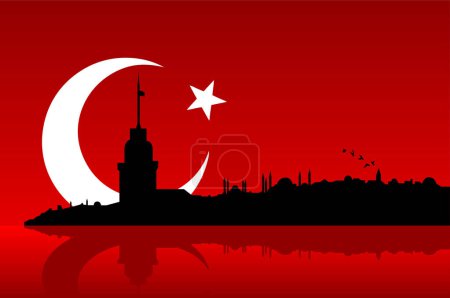 Illustration for Turkey national flag and town skyline - Royalty Free Image