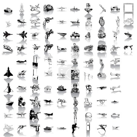 Téléchargez les illustrations : Grand ensemble d'icônes militaires en noir et blanc - en licence libre de droit