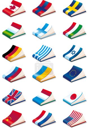 Téléchargez les illustrations : Ensemble vectoriel de livres avec différents drapeaux nationaux du monde. - en licence libre de droit