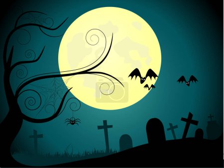 Illustration for Halloween background with moon, bats and cemetery - Royalty Free Image