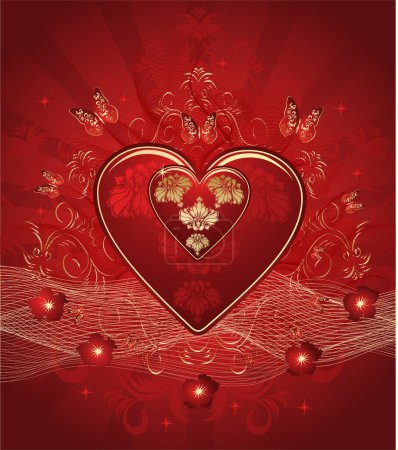 Téléchargez les illustrations : Fond rouge avec un coeur, style vintage - en licence libre de droit
