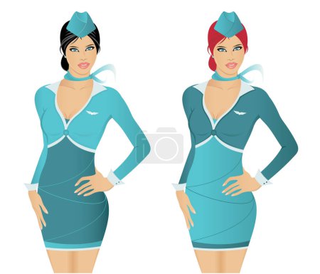 Téléchargez les illustrations : Hôtesses avec uniforme bleu sur fond blanc - en licence libre de droit