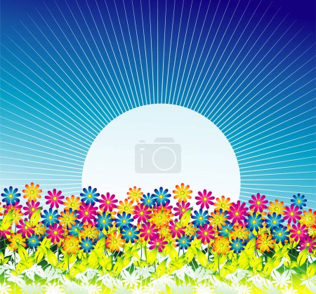 Téléchargez les illustrations : Paysage d'été avec soleil et fleurs - en licence libre de droit
