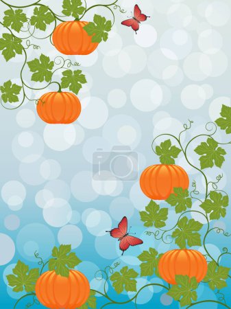 Téléchargez les illustrations : Fond d'automne avec des citrouilles, feuilles, citrouilles, baies et papillons. illustration vectorielle. - en licence libre de droit